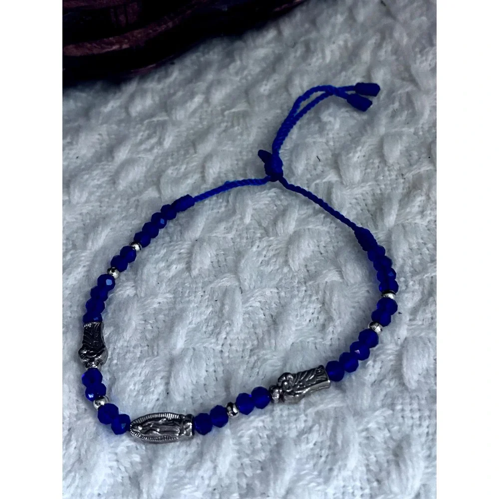 Blue Beaded Virgin Mary Bracelet Adjustable Religious Boho Catholic Jewelry